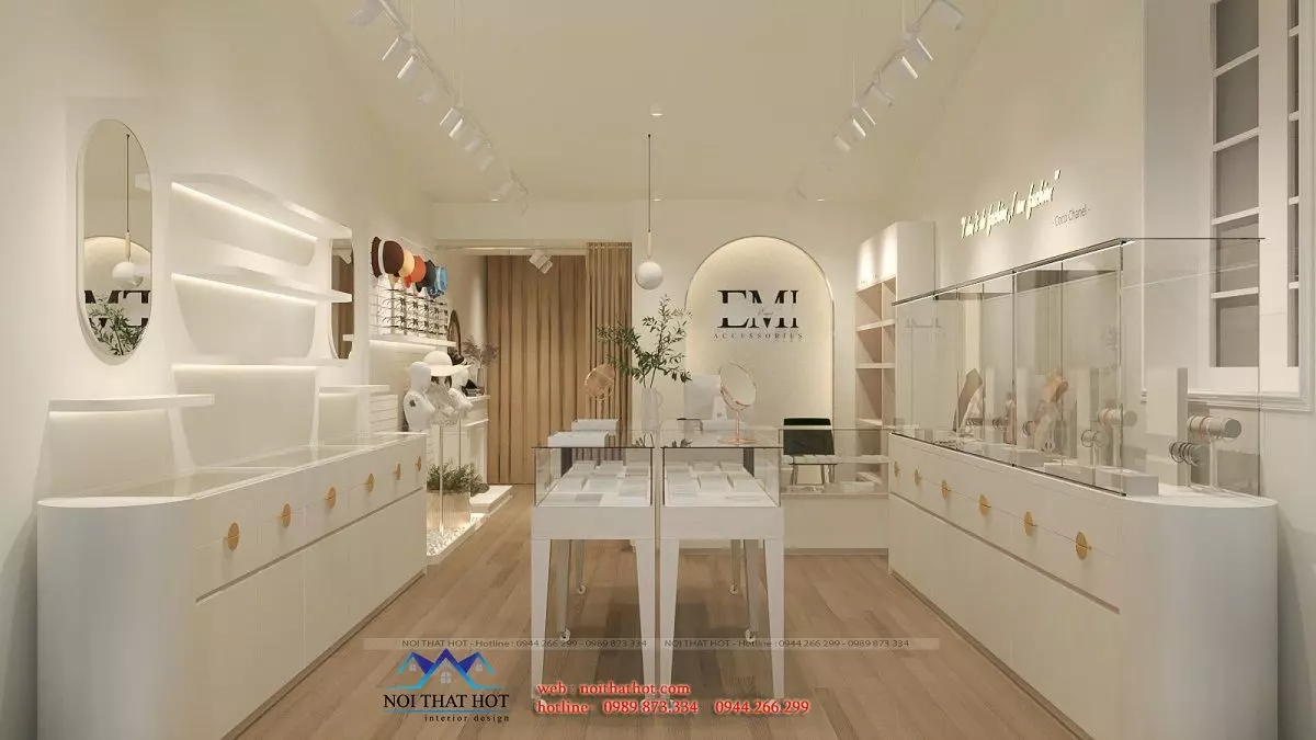 Nội thất Hot thiết kế shop phụ kiện thời trang nữ sử dụng tone trắng chủ đạo thiết kế shop phụ kiện thời trang