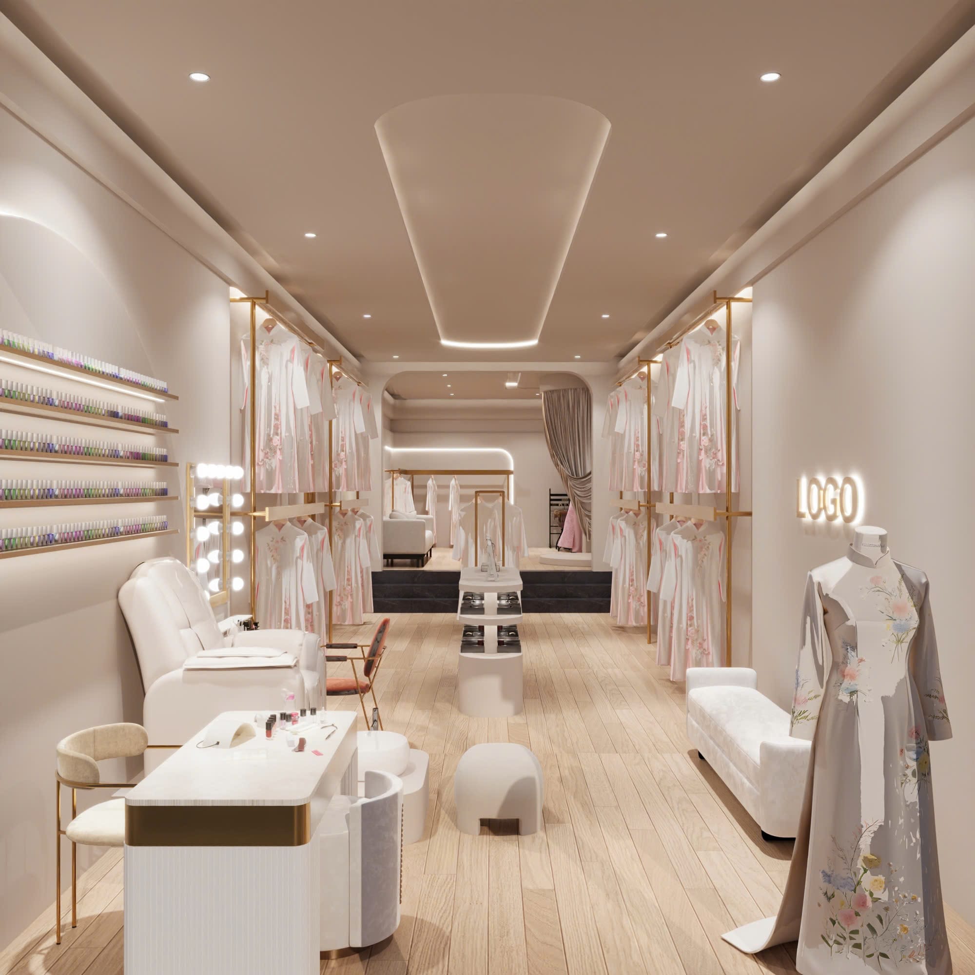 thiết kế shop áo dài kết hợp tiệm nail, mi
