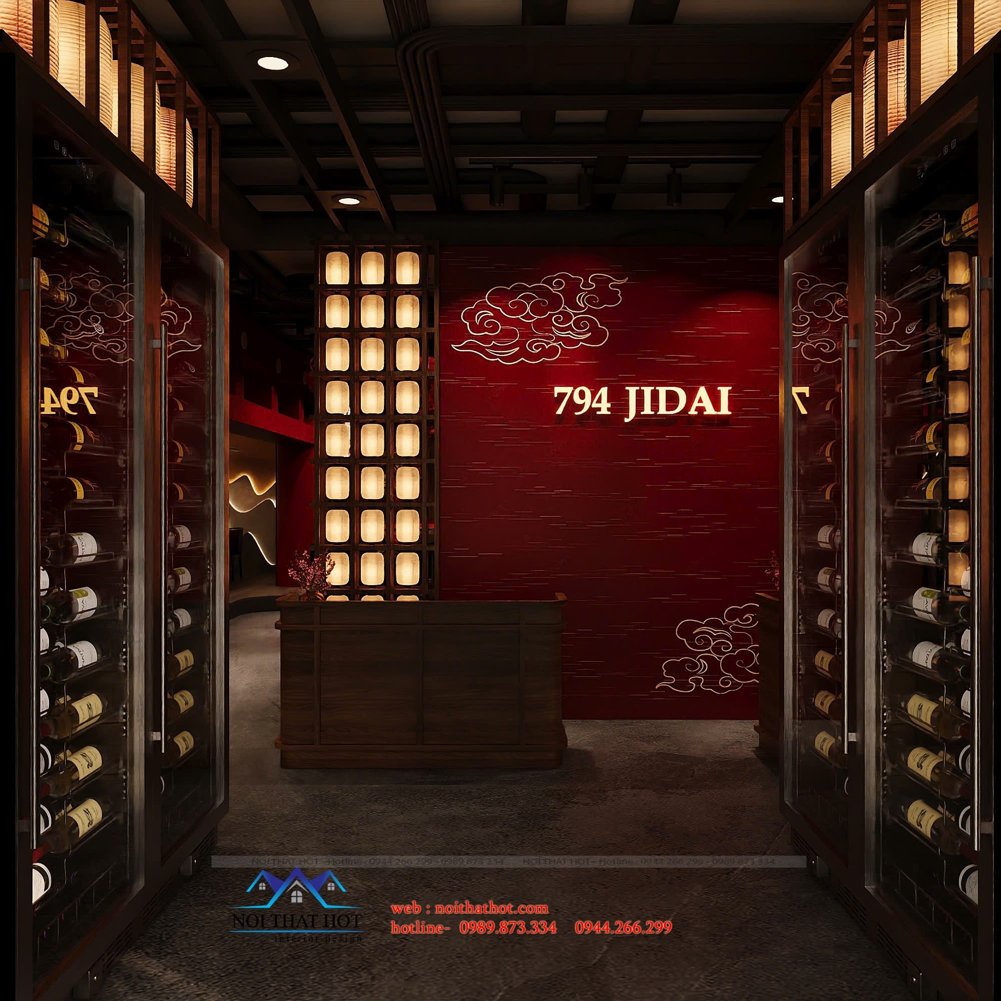 quầy thu ngân và vách logo