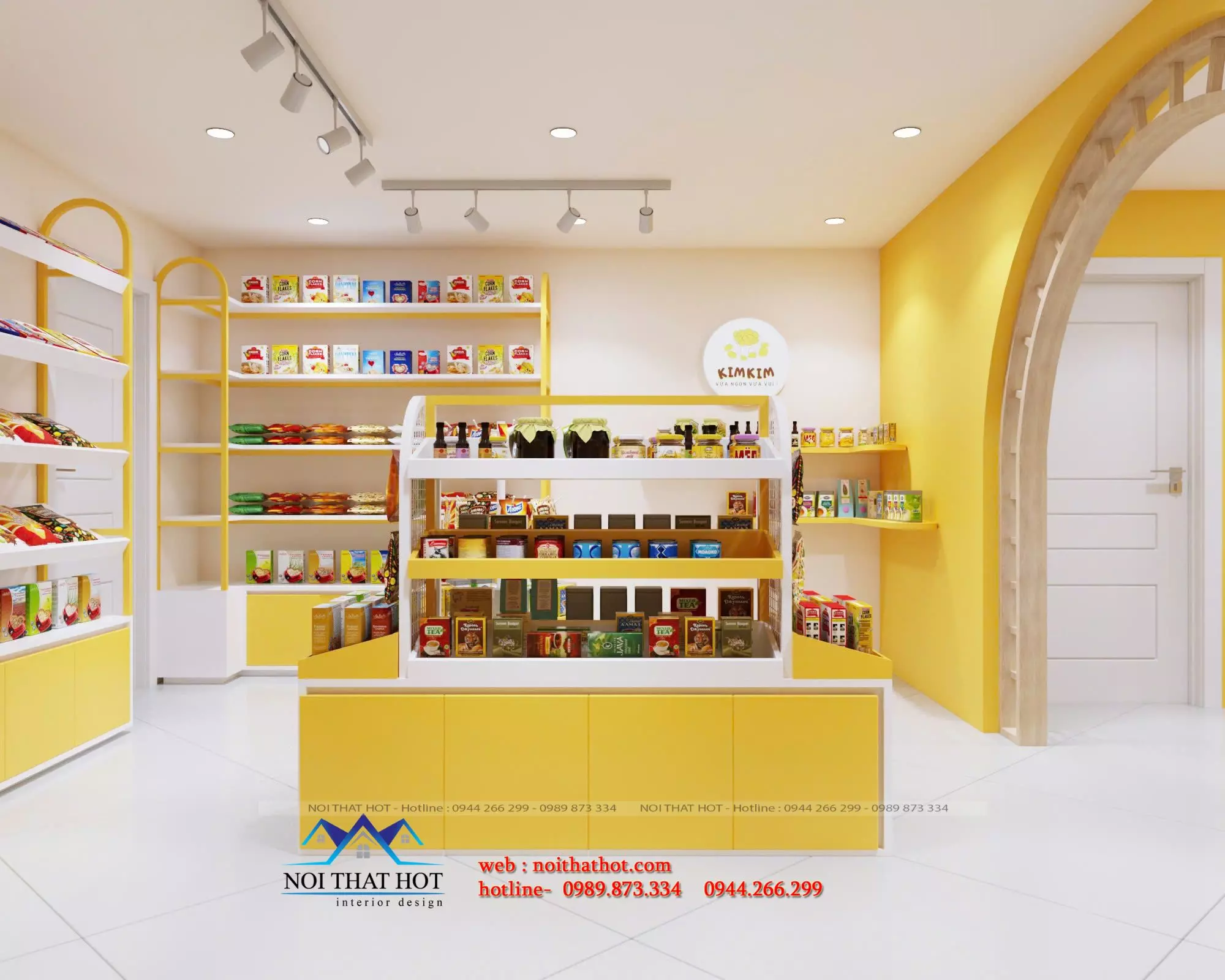 Nội thất cửa hàng sử dụng chất liệu gỗ MDF sơn kết hợp sắt sơn tĩnh điện thiết kế tiệm bán đồ ăn vặt tại Hà Nội
