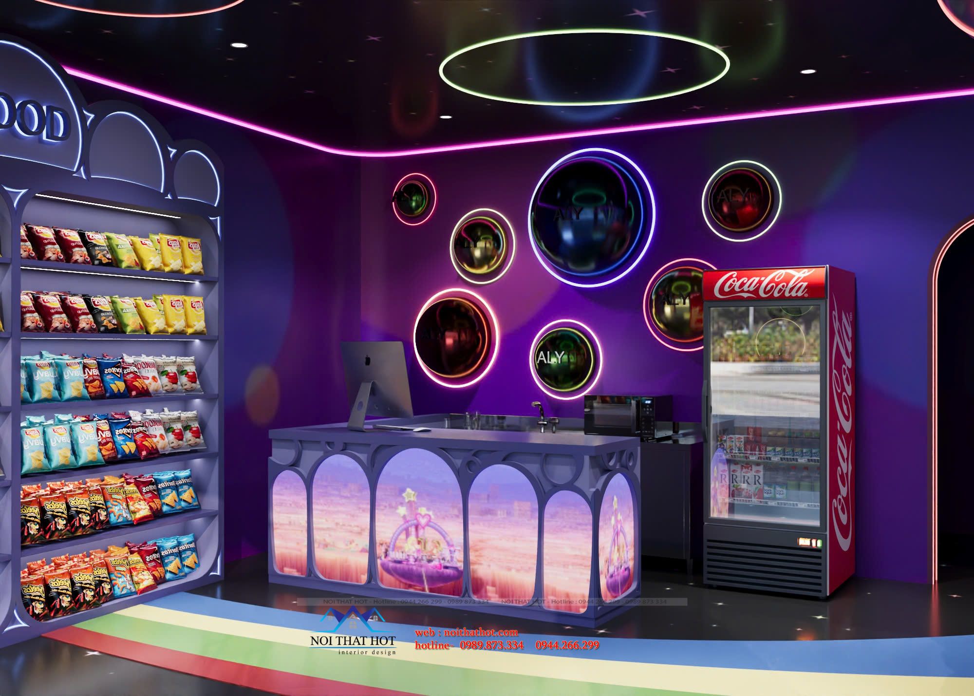 Quầy thu ngân và vách logo