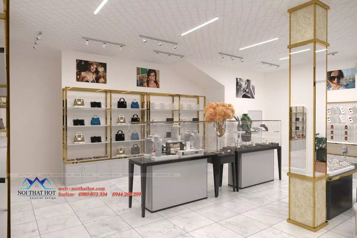 Giá kệ trưng bày phụ kiện thời trang được đặt sát tường thiết kế nội thất cửa hàng trang sức vàng bạc