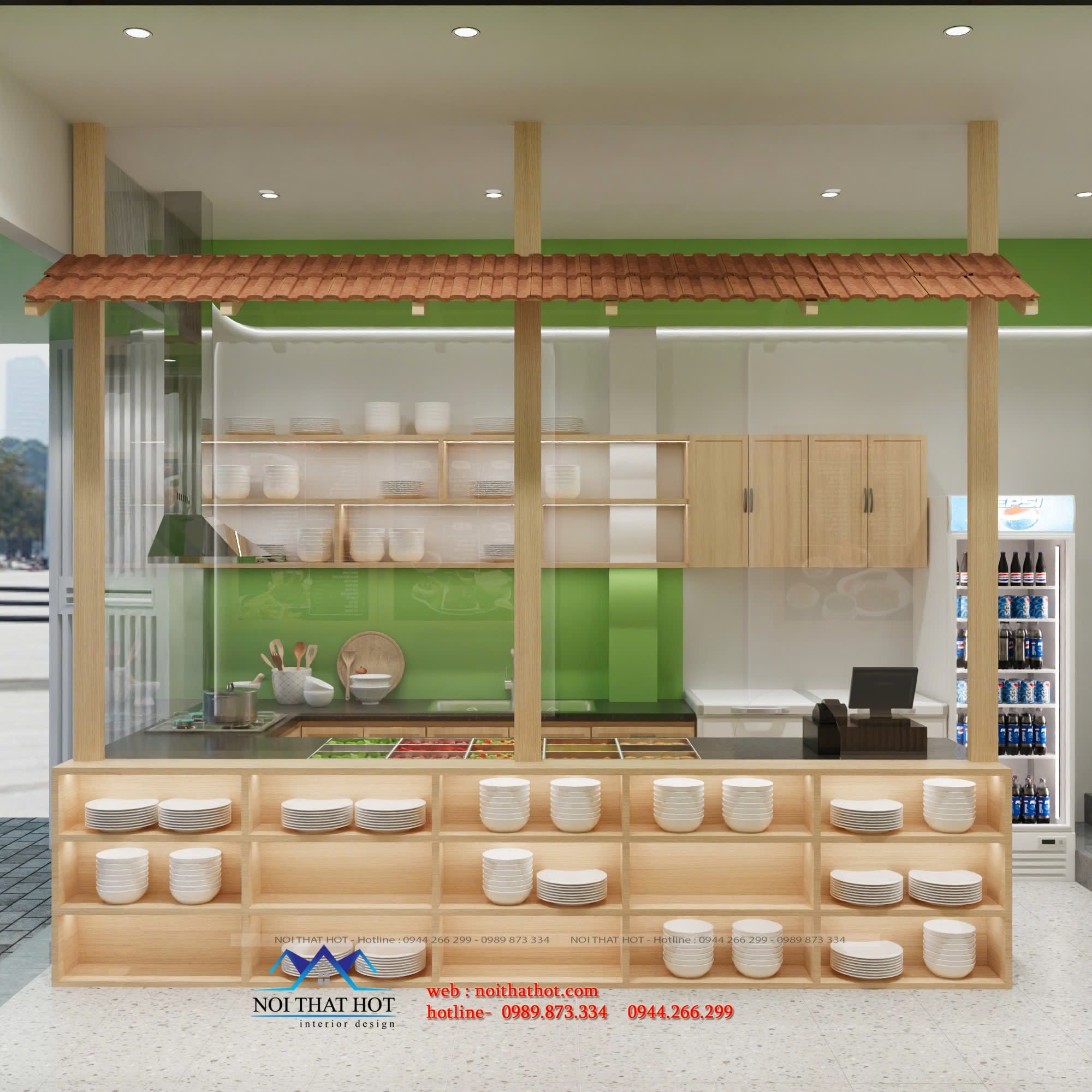 quầy chọn món kèm tủ bát cho quán cơm