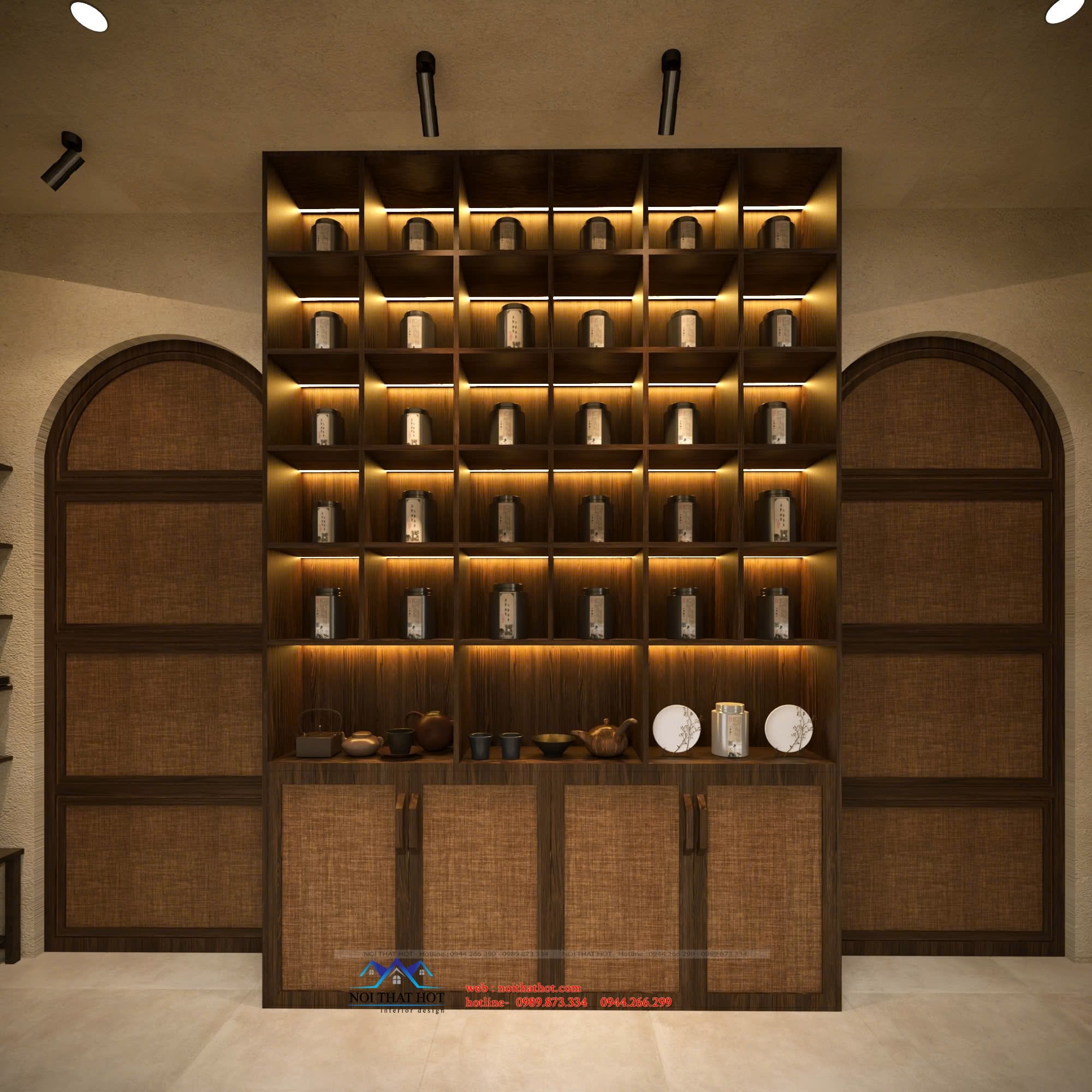 Tủ trưng bày hộp trà, hũ trà