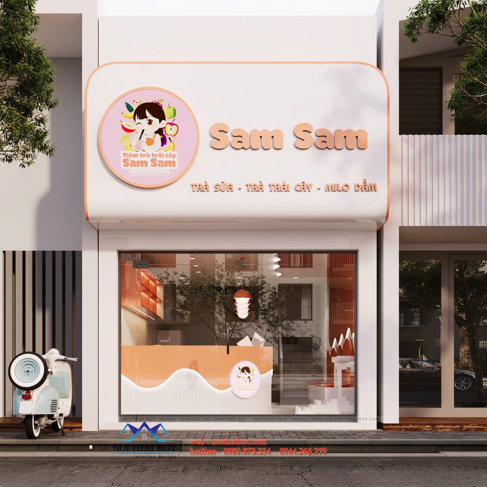 thiết kế mặt tiền quán trà sữa
